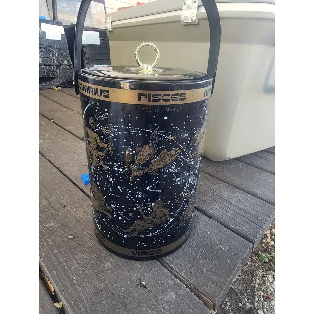 Vintage RARE Mid-century Black & Gold Celestial Horoscope Serving Ice Bucket HTF